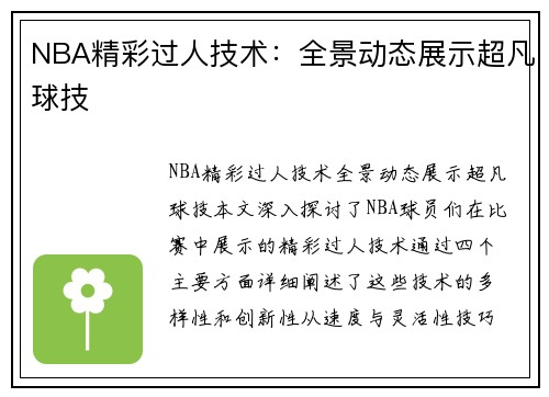 NBA精彩过人技术：全景动态展示超凡球技