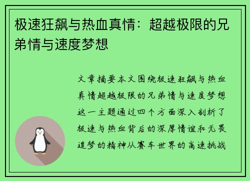 极速狂飙与热血真情：超越极限的兄弟情与速度梦想